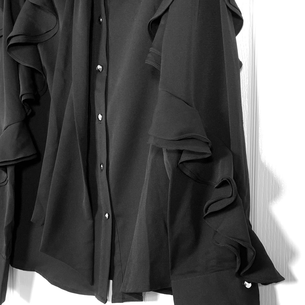 Gracia Black Ruffled PussyBow Tie Neck Button Down Shirt Blouse - Picture 5 of 8